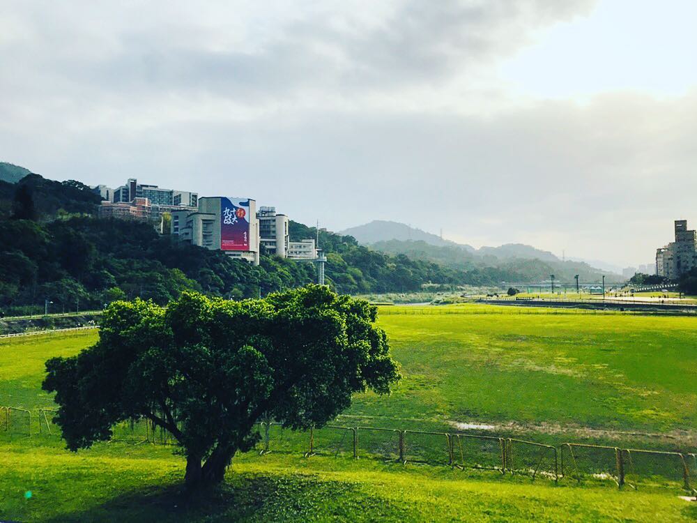 台北政大河岸草坪与远山